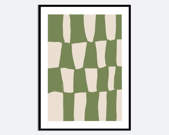 Green Checkered Abstract Shapes Wall Art Print Hand Drawn Modern Minimalist Pattern Illustration Contemporary Poster Ma96