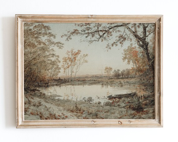 Serene Autumn Lake Rowboat Vintage Pastel Landscape Painting Poster