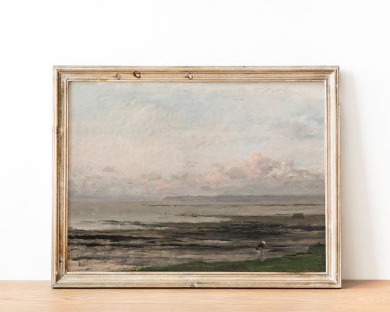 Vintage European Rustic Beach Tide Coastal Ocean Muted Oil Painting Landscape Seascape Poster Mute Antique Moody Farmhouse Print Vp82
