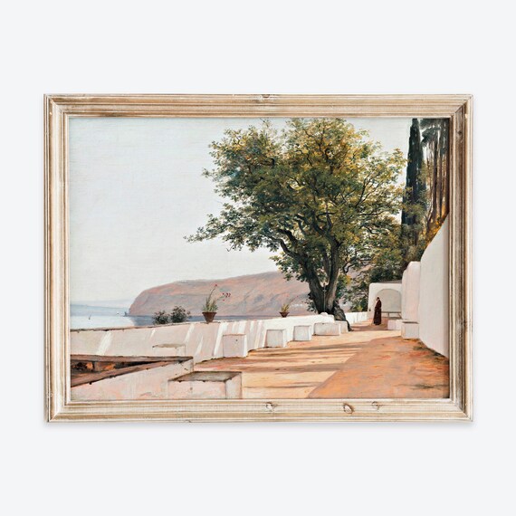 Mediterranean Seaside Terrace Tree Vintage Oil Painting Poster