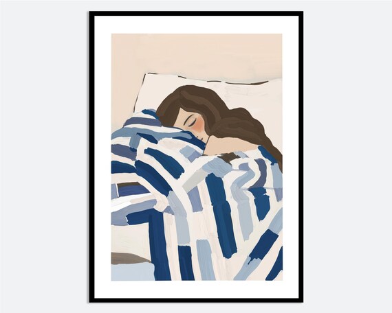 Sleeping Woman Cozy Homebody Illustration Blue Striped Blanket Poster