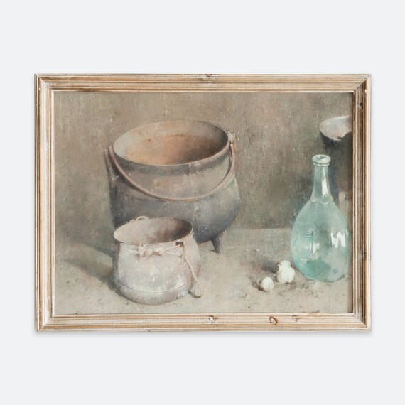 Vintage Copper Hearth Pots Glass Bottle Rustic Farmhouse Kitchen Art Poster