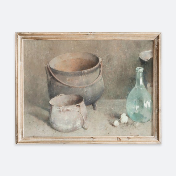 Vintage Farmhouse Hearthstone Pottery Still Life Kitchen Wall Art Print Rustic Beige Moody Oil Painting Antique Neutral Poster Vp148