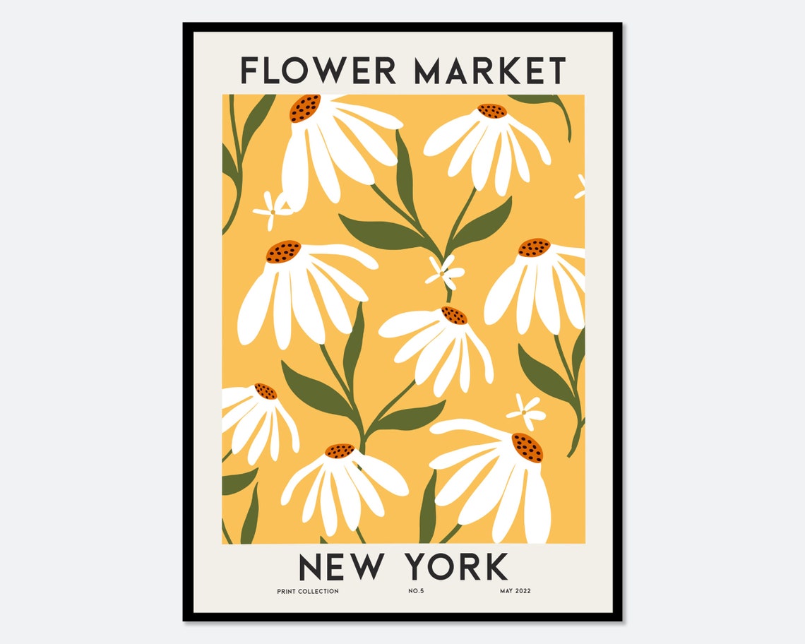 Flower Market New York White Daisy Golden Botanical Art Poster