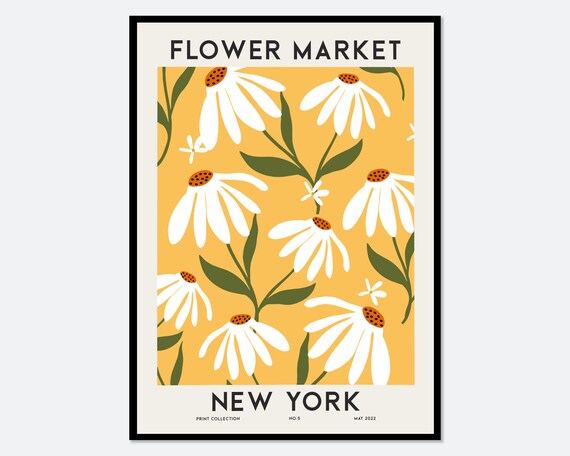 Flower Market New York White Daisy Golden Botanical Art Poster