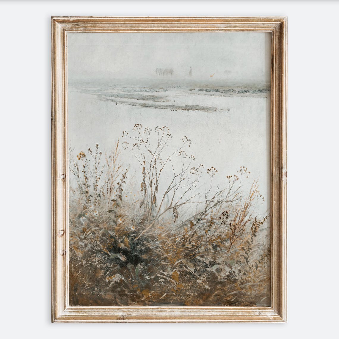 Rustic Vintage European Country Flower By River Oil Painting Wall Art Print Muted Landscape Poster Antique Moody Farmhouse Decor Vp159