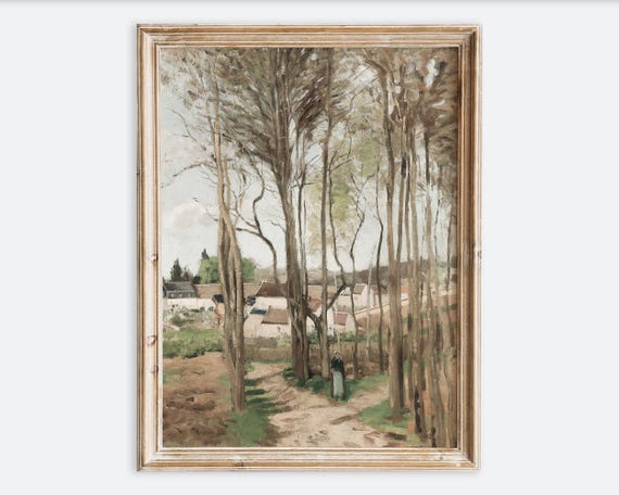 Rustic Vintage French Countryside Village Oil Painting Wall Art Print Neutral Muted Landscape Poster Antique Moody Farmhouse Decor Vp229