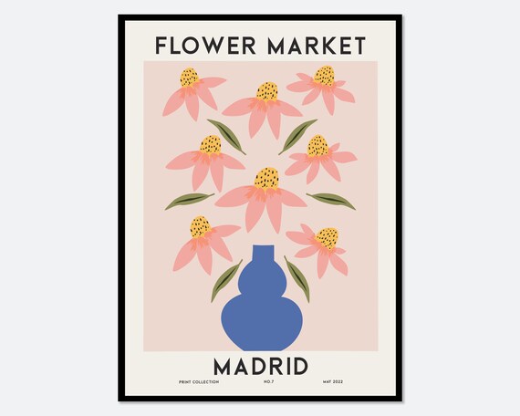 Flower Market Madrid Pink Blooms Blue Vase Botanical Art Poster