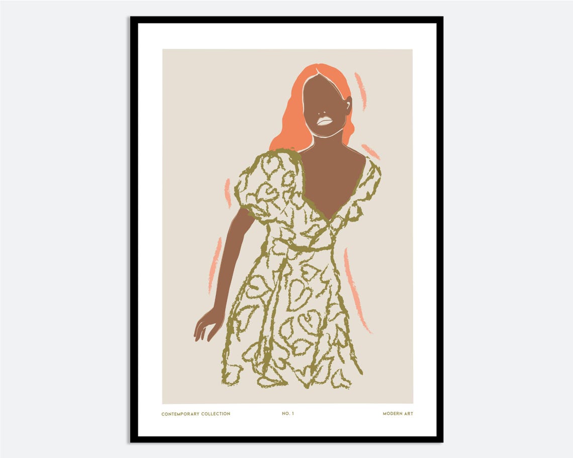 Woman In Green Floral Dress Wall Art Print Hand Drawn Contemporary Fashion Illustration Modern Girl Bold Abstract Poster Ma136