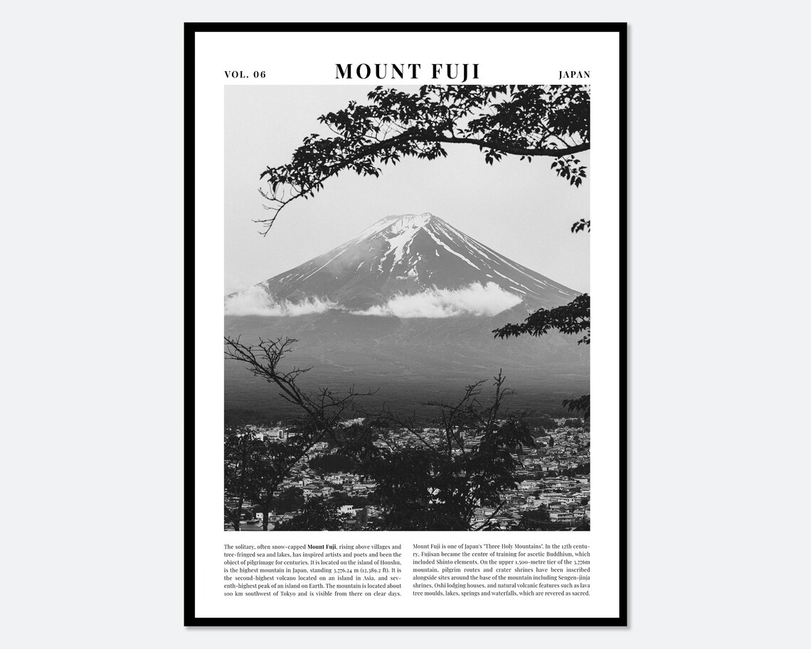 Mount Fuji Japan Black and White Travel Poster