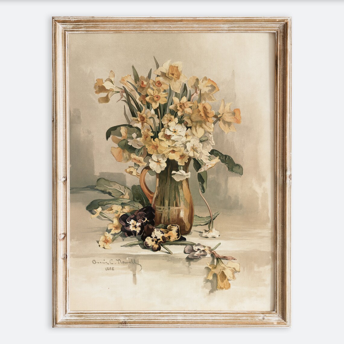 European Vintage Yellow Jonquil Daffodil Still Life Art Print