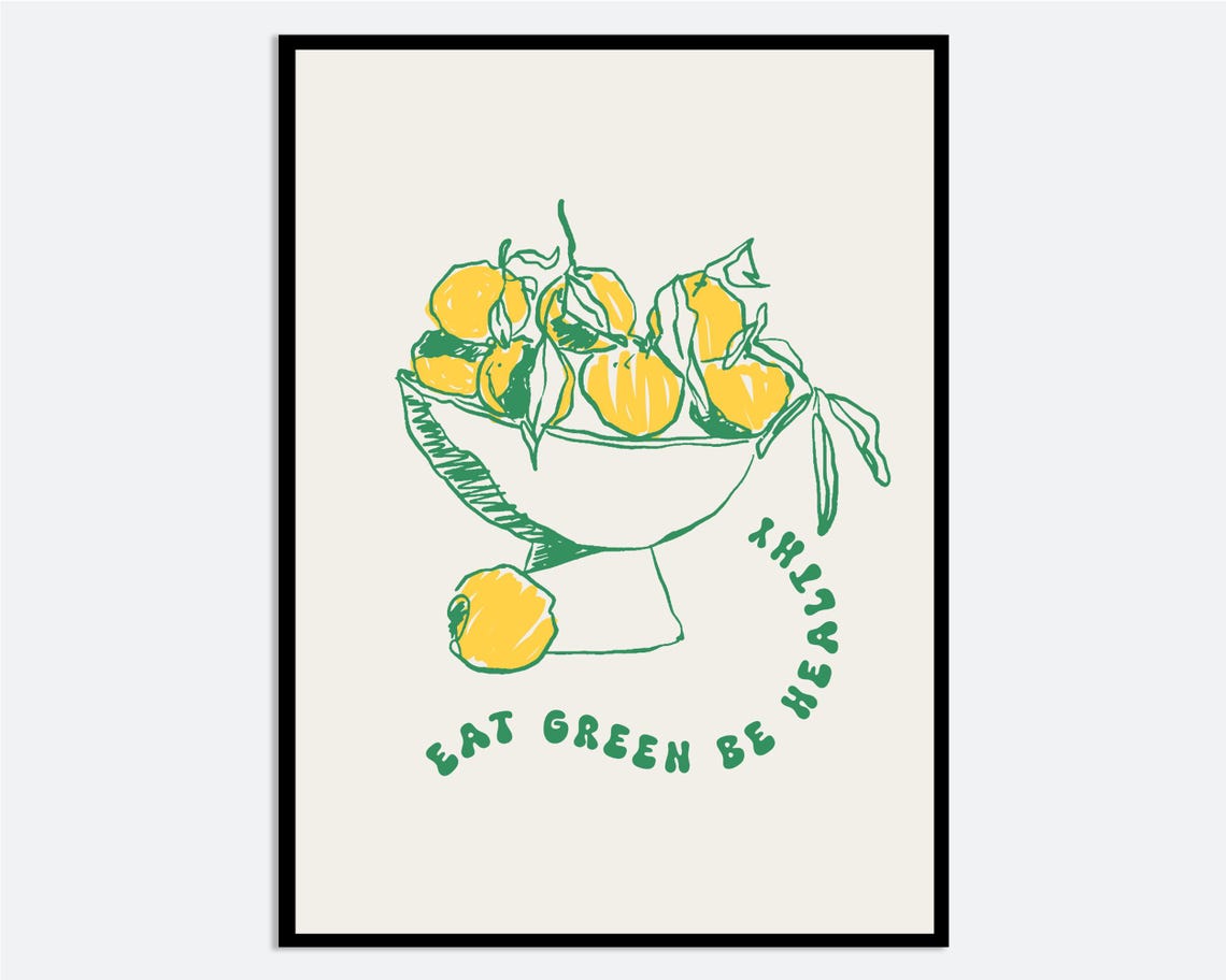 Lemons Fruit Bowl Eat Green Be Healthy Hand Drawn Kitchen Wall Art