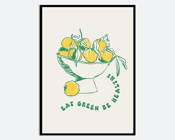 Lemons Fruit Bowl Eat Green Be Healthy Hand Drawn Kitchen Wall Art