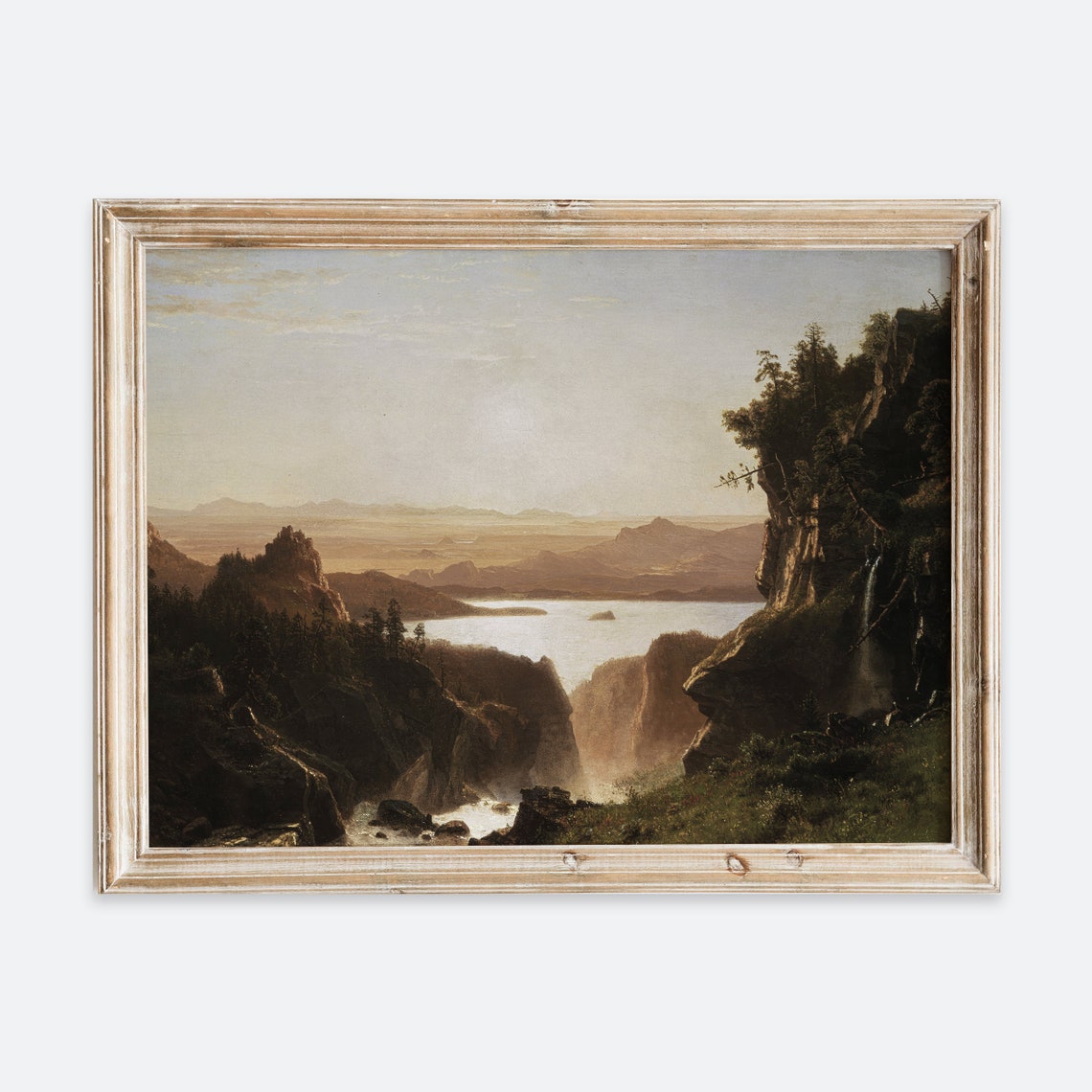 Rustic Vintage European Island Lake Wyoming Landscape Painting Art Print Neutral Autumn Fall River Poster Antique Moody Farmhouse Vp122