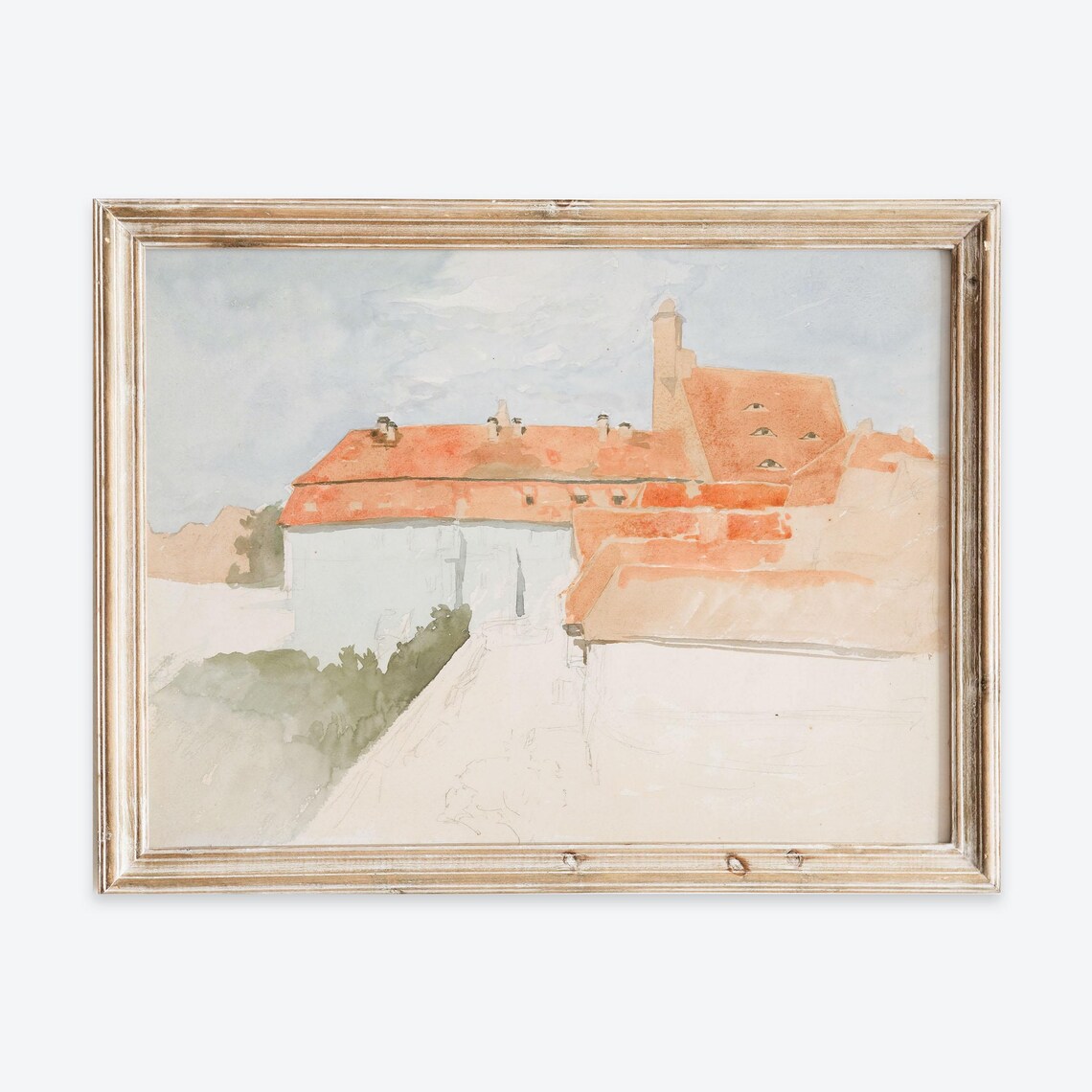 Red Roof Old Town Rooftops Watercolor European Village Print