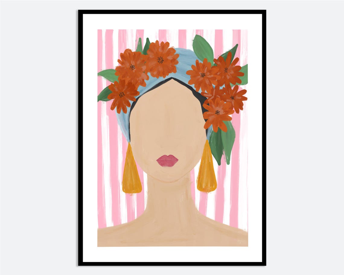 Flower Crown Woman Faceless Portrait Modern Illustration Wall Art