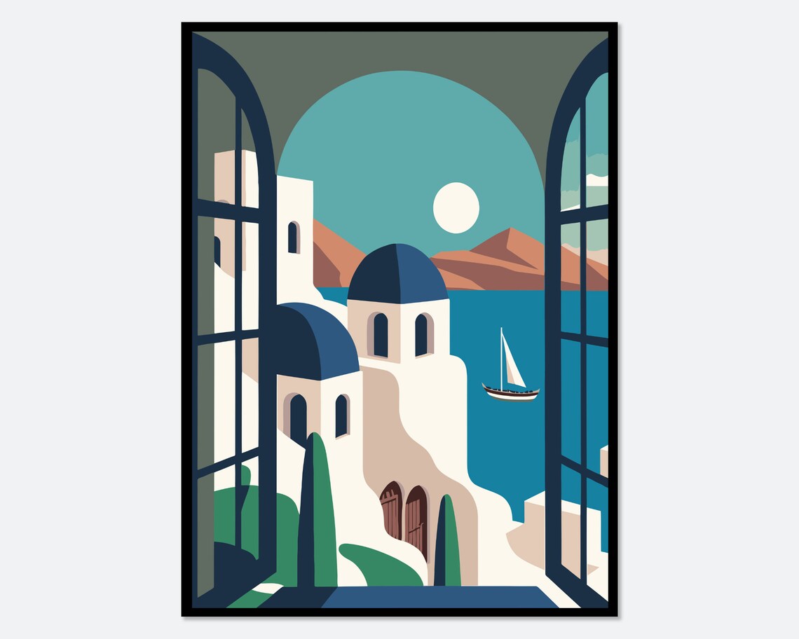 Santorini Blue Domes Travel Poster, Boho Aegean Sea