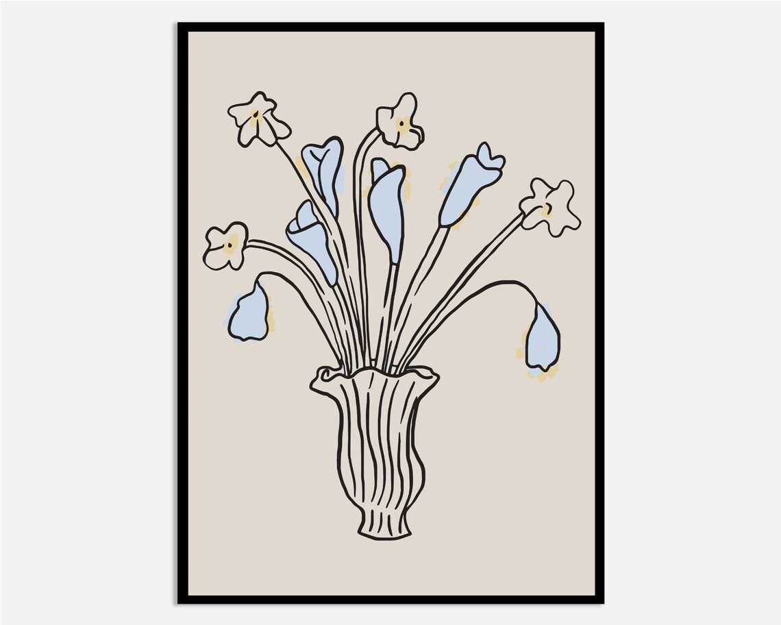 Blue Yellow Vase Flowers Line Art Minimalist Floral Wall Print