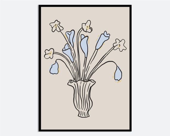 Blue And Yellow Vase Flower Wall Art Print Hand Drawn Spring Summer Illustration Contemporary Modern Floral Line Poster Ma84