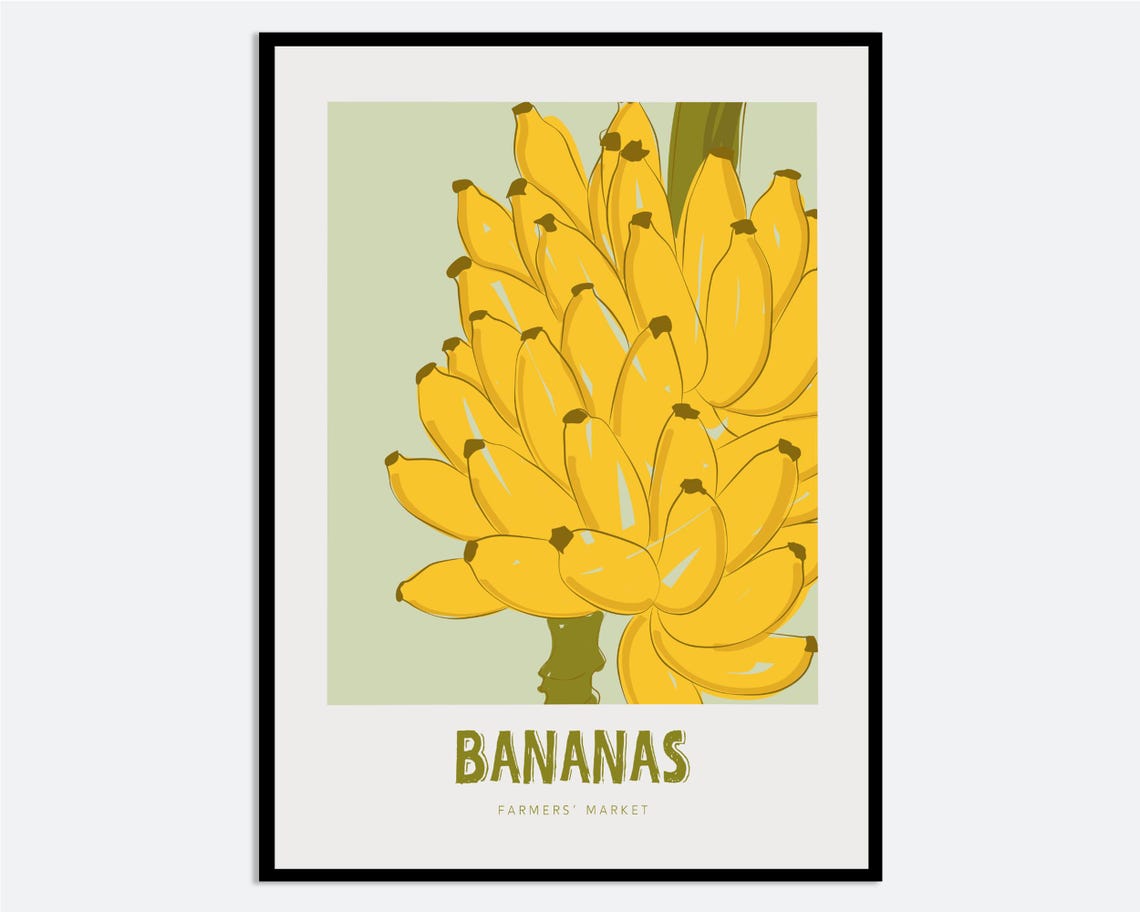 Bananas Farmers Market Bunch Retro Yellow Fruit Kitchen Wall Art
