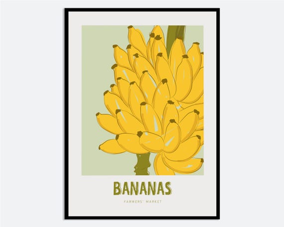 Banana Fruit Wall Art Print Hand Drawn Contemporary Yellow Illustration Modern Kitchen Poster Tropical Farmers Market Ma195