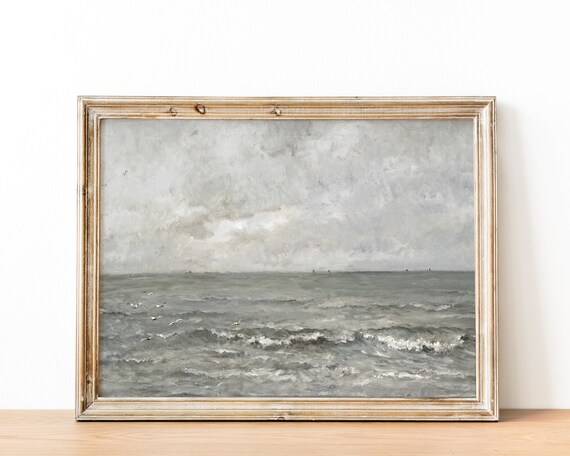 Muted Gray Ocean Waves Antique Oil Painting Vintage Seascape Poster