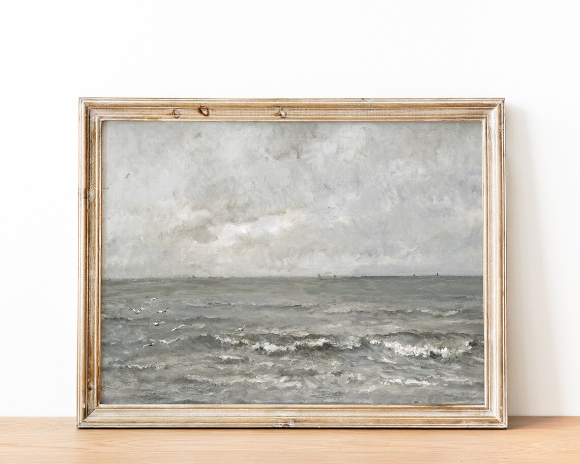 Muted Gray Ocean Waves Antique Oil Painting Vintage Seascape Poster