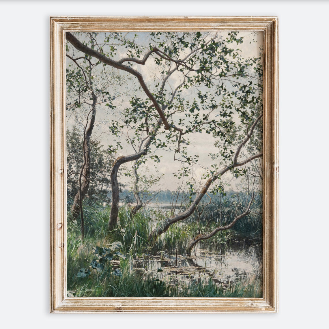 Vintage European Rustic Water Vegetation Plants Garden Meadow Oil Painting Art Print Neutral Landscape Poster Antique Moody Farmhouse Vp96
