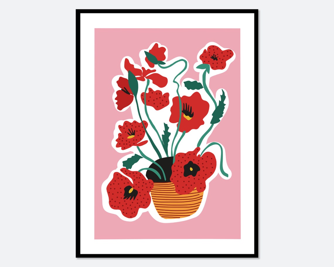 Red Poppies in Striped Clay Pot on Blush Pink Background Poster