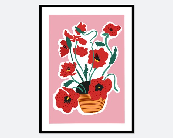 Red Poppies in Striped Clay Pot on Blush Pink Background Poster