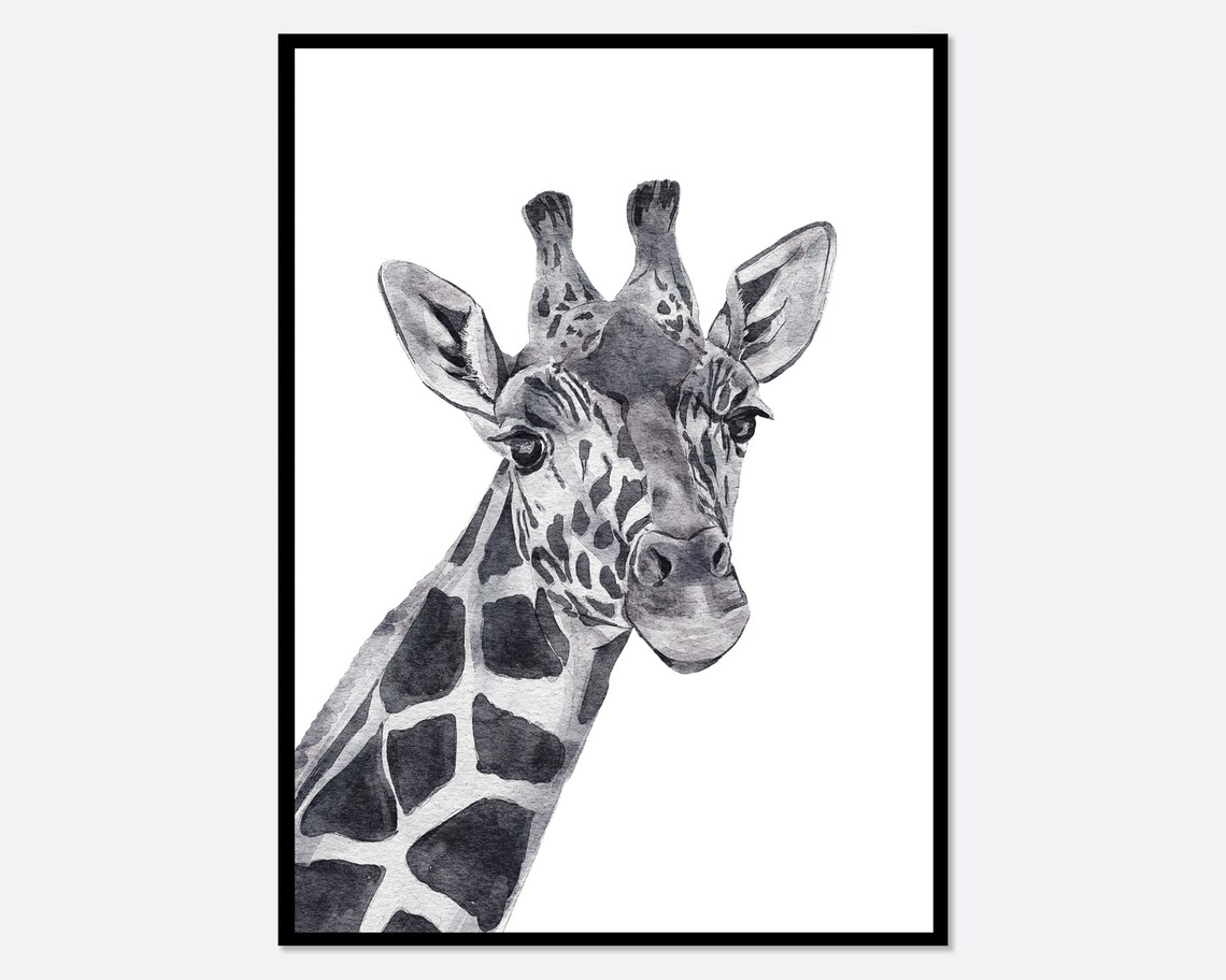 Watercolor Giraffe Black and White Safari Nursery Animal Poster