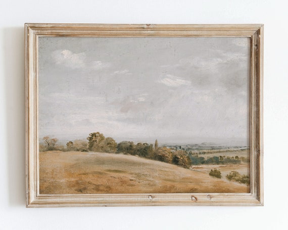 Rustic Vintage European Country Grass Field Oil Painting Wall Art Print Neutral Muted Landscape Poster Antique Moody Farmhouse Decor Vp40