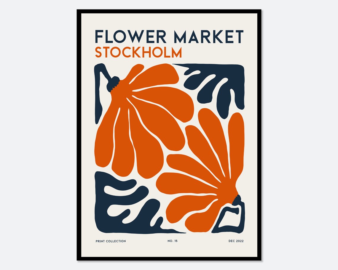 Flower Market Stockholm Bold Orange Navy Floral Graphic Art Poster