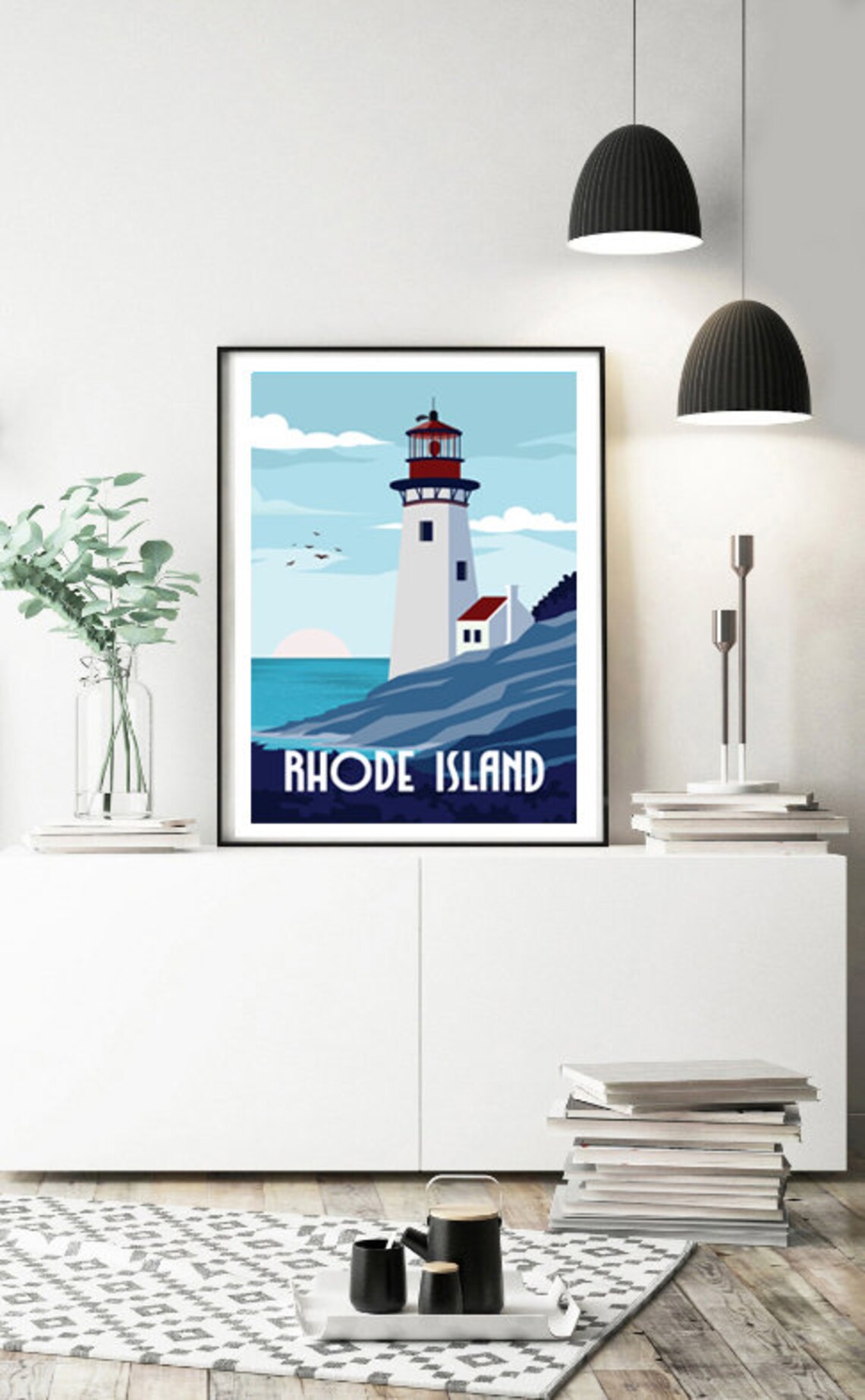 Rhode Island Lighthouse Rocky Coast Sunset Retro Travel Poster - Image 3