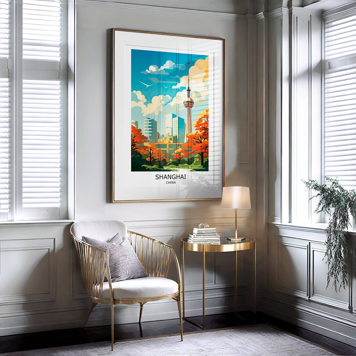 Shanghai China Oriental Pearl Tower Autumn Trees Vintage Travel Poster - Image 2