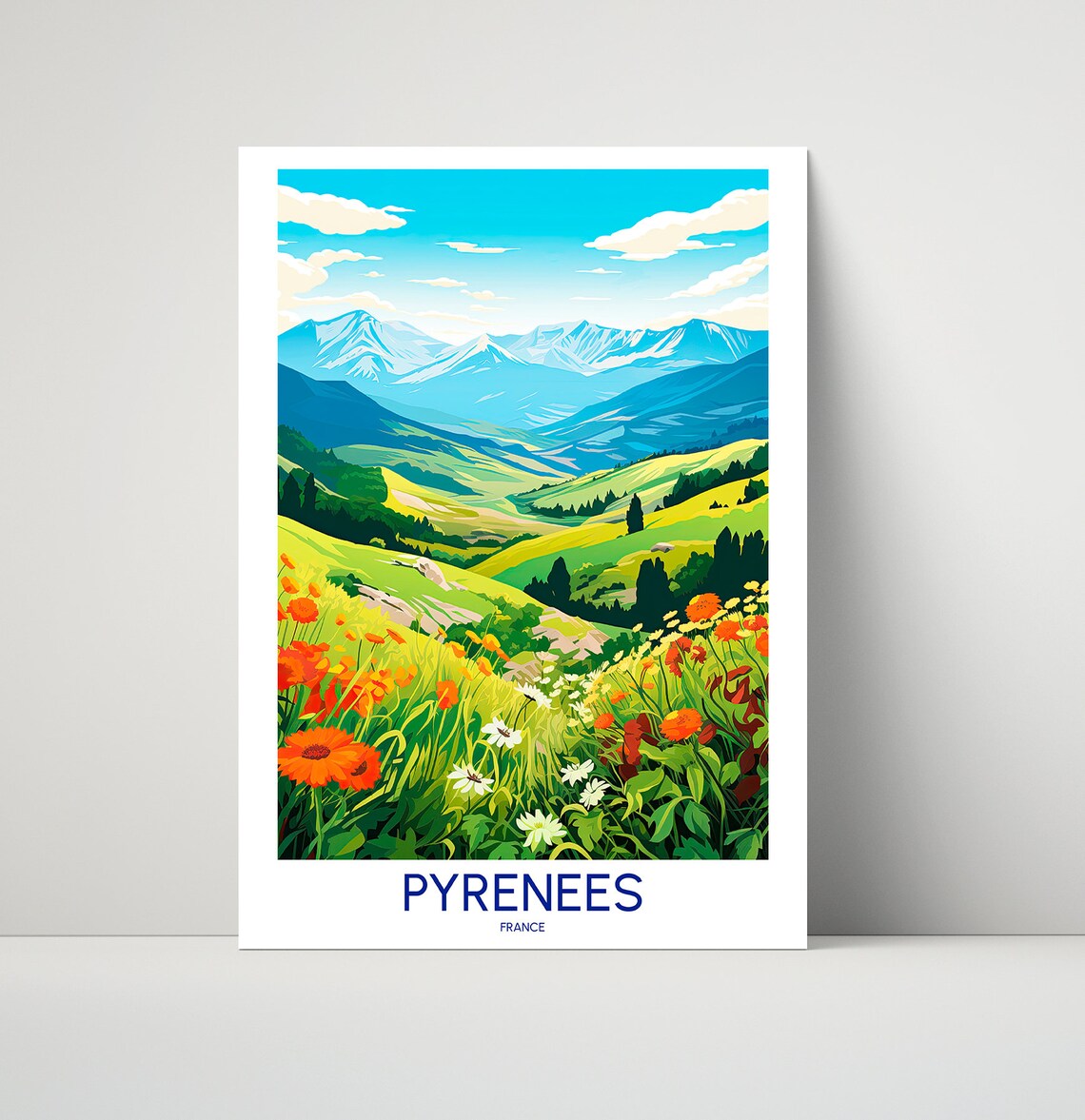 Pyrenees France Wildflower Meadow Mountain Valley Travel Poster