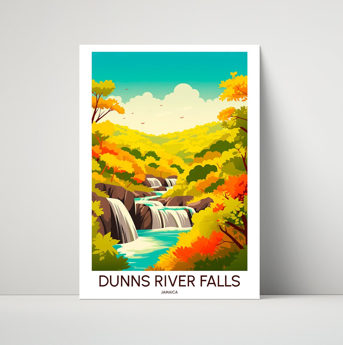 Dunns River Falls Jamaica Waterfalls Forest Illustrated Travel Poster