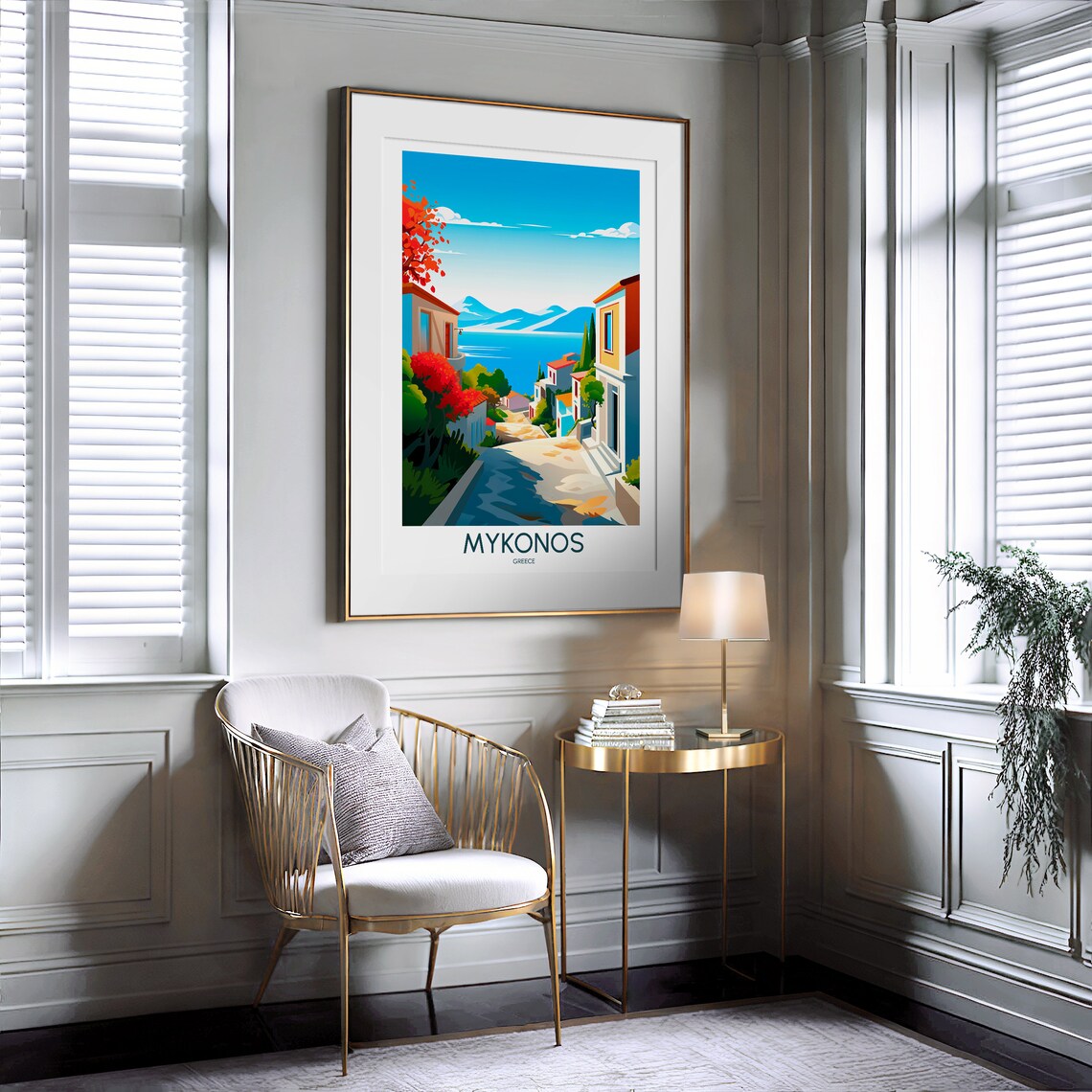 Mykonos Greece Hillside Street Sea View Illustrated Travel Poster - Image 2