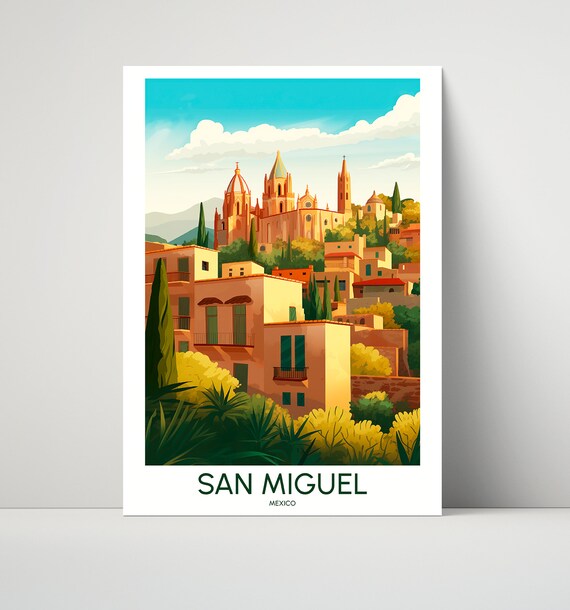 San Miguel Mexico Colonial Church Hill Town Illustrated Travel Poster