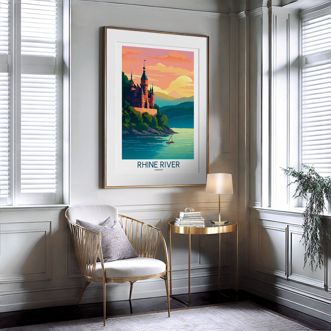 Rhine River Germany Castle Sunset Sailboat Illustration Poster - Image 2