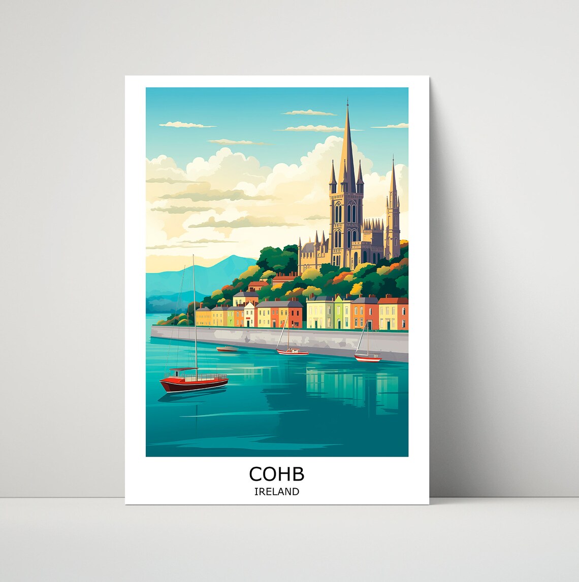 Cobh Ireland Cathedral Harbor Sailing Boats Illustration Poster