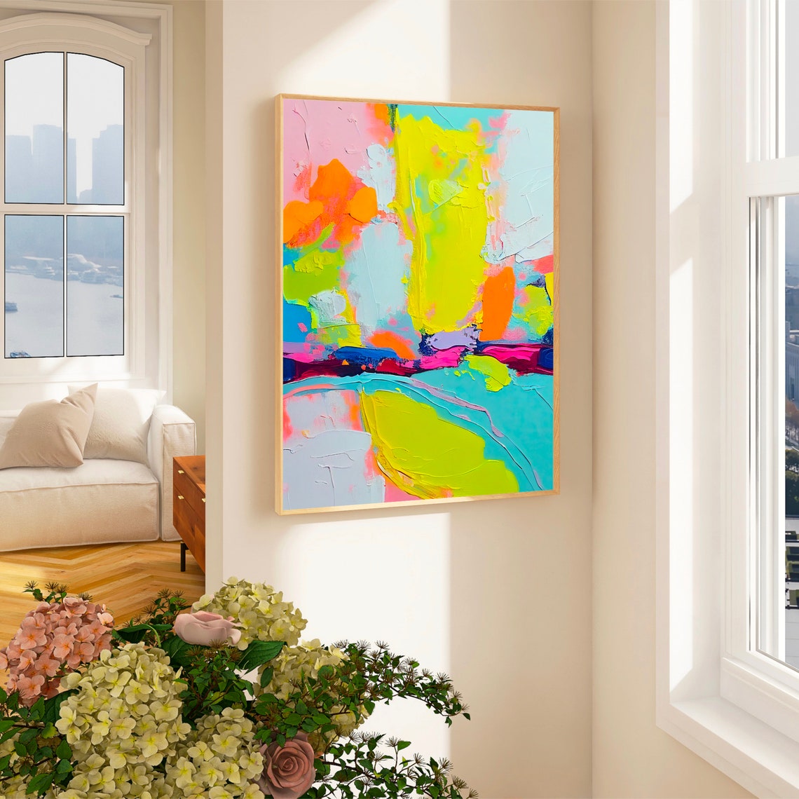 Neon Lime and Turquoise Abstract Landscape Brushstroke Poster - Image 3