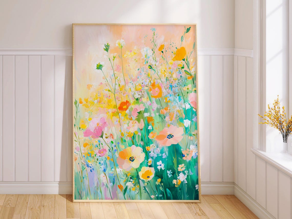 Delicate Wildflowers Peach Meadow Soft Floral Impressionist Wall Art - Image 2