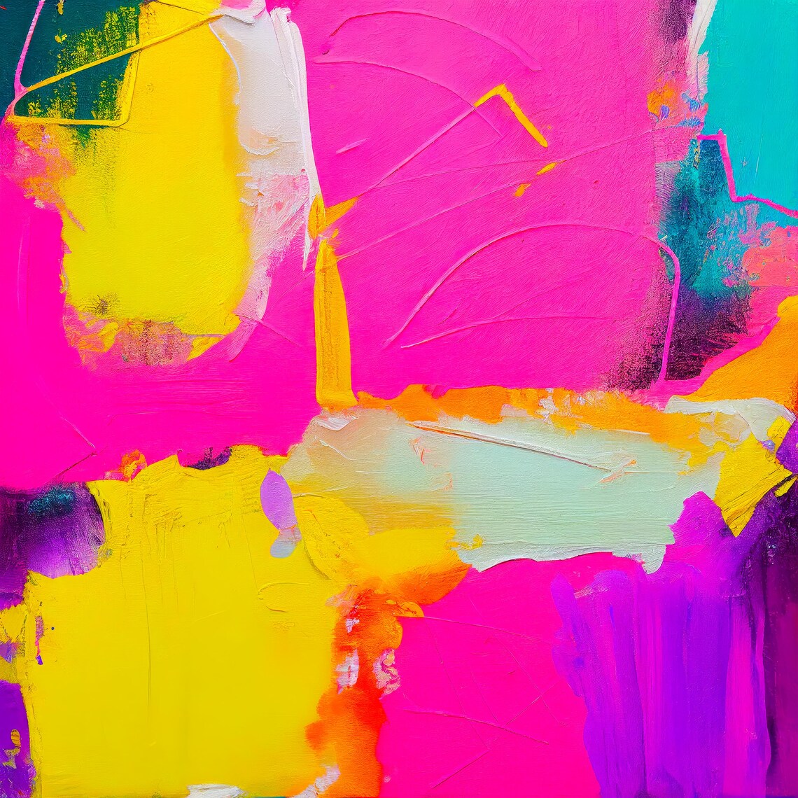Neon Magenta Lemon Yellow Turquoise Brushstroke Abstract Poster - Image 3
