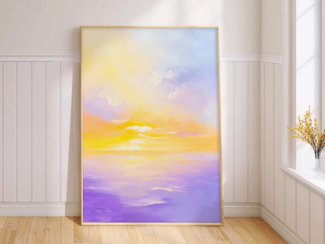 Pastel Sunrise Sky Over Water Soft Yellow Purple Abstract Wall Art - Image 2