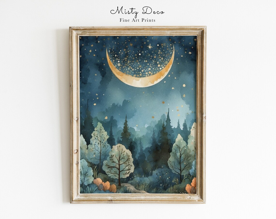 Magical Forest Starry Night Crescent Moon Art Print