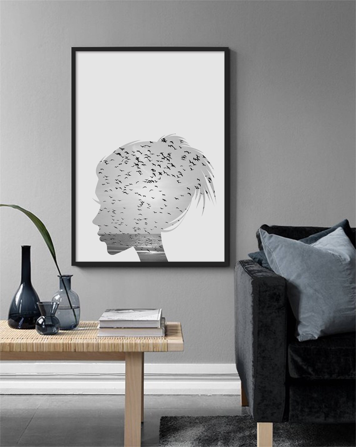 Woman Silhouette Flock of Birds Double Exposure Art Black White Poster - Image 2