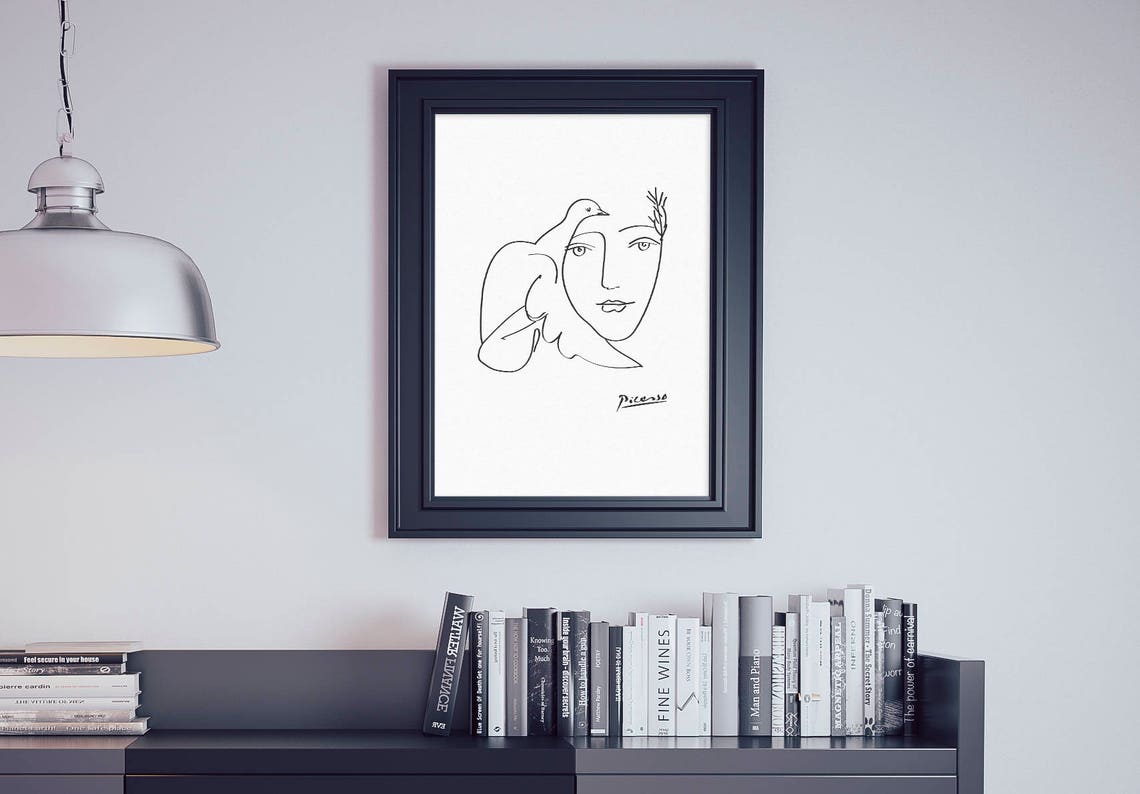 Picasso Style One Line Drawing Dove and Woman Face Sketch Poster - Image 3
