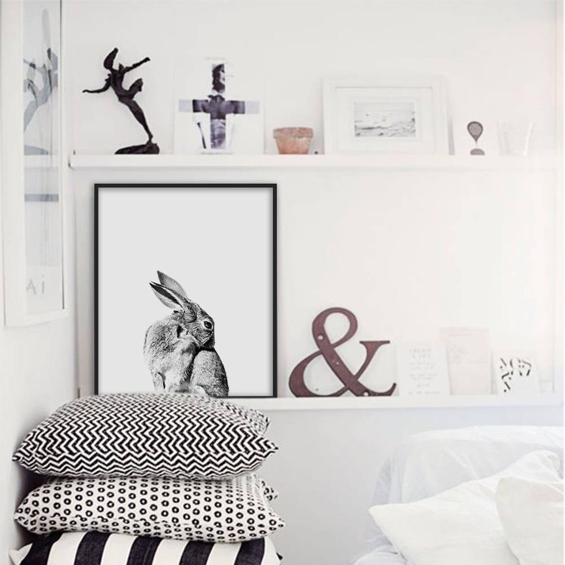 Peeking Rabbit Black And White Nursery Woodland Animal Poster - Image 2