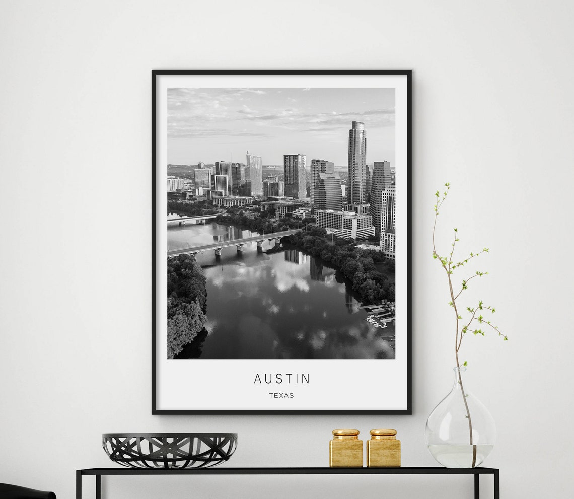 Austin Texas Black And White Downtown City River Skyline Poster